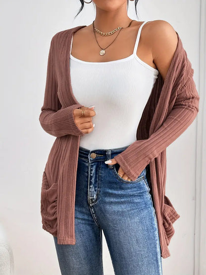 Solid Open Front Rib Knit Cardigan